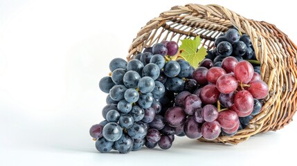 Wall Mural - A bunch of grapes spilling out of a wicker basket onto a pristine white surface, highlighting the abundance and freshness of the fruit