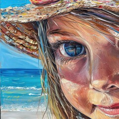 Wall Mural - An art painting depicting a young girl with a bright orange hat at the beach, showcasing delicate features like her nose, lips, chin, eyebrows, and eyelashes AIG50