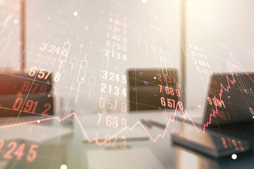 Poster - Double exposure of abstract creative statistics data hologram and modern desktop with laptop on background, statistics and analytics concept
