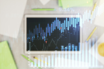 Poster - Double exposure of abstract creative financial diagram and modern digital tablet on background, banking and accounting concept
