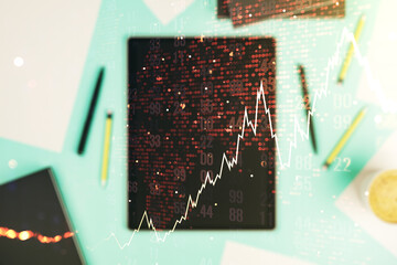 Poster - Multi exposure of abstract financial diagram with world map and modern digital tablet on background, banking and accounting concept