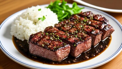  A savory meal of succulent steak fluffy rice and fresh greens