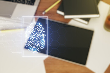 Aufkleber - Abstract creative fingerprint illustration and modern digital tablet on desktop on background, top view, personal biometric data concept. Multiexposure