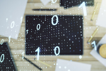 Aufkleber - Double exposure of creative abstract binary code hologram and digital tablet on background, top view. Database and programming concept