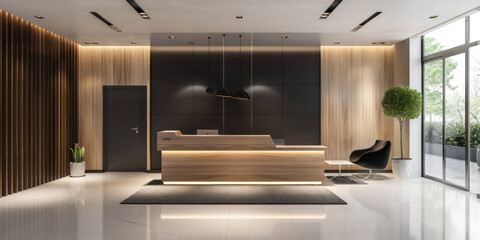 Poster - Sleek and Modern Reception Area with Chic Desk and Comfortable Seating