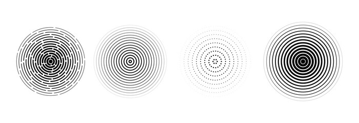 Poster - Black radial circle set. Sonar or sound wave ring collection. Halftone and linear epicenter, target, radar icon concept. Rippled concentric signal vibration elements. Vector dashed and dotted symbols