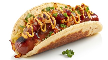 Wall Mural - Gourmet Hotdog Taco with Smoky Chipotle Sauce and Crispy Onions on Elegant Plate in High Definition