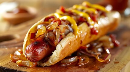 Wall Mural - Gourmet Hotdog Burrito: Savory Delight with Caramelized Onions & Tangy Mustard, Tantalizing Food Presentation