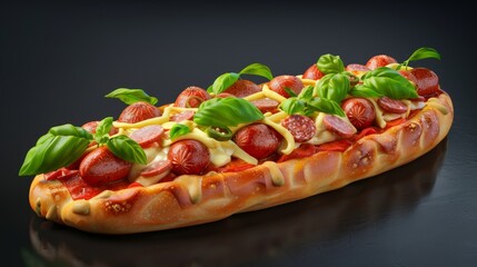 Wall Mural - Delectable Classic Hotdog Pizza with Mozzarella and Fresh Basil, Highly Detailed Side View