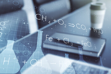Poster - Creative chemistry concept on modern laptop background. Multiexposure