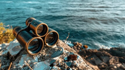Poster - A pair of binoculars rests on a sturdy rock overlooking the ocean, where wind waves crash against the rocky shores and liquid water meets solid bedrock AIG50