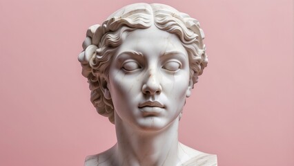 A close-up image of a marble sculpture bust of a woman against a pale pink background