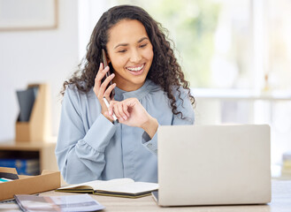 Aufkleber - Business woman, laptop and phone call for planning notes, writing and communication in human resources. Professional worker talking to client on mobile chat, computer and notebook for task priority