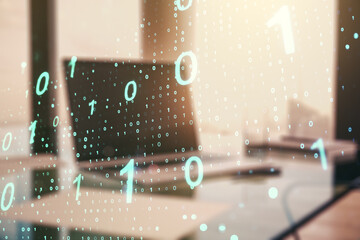 Aufkleber - Creative abstract binary code sketch on modern laptop background, hacking and matrix concept. Multiexposure