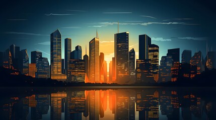 Wall Mural - Panoramic view of the city at sunset. Vector illustration.