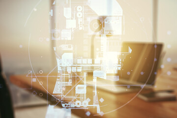 Poster - Double exposure of creative human head microcircuit with computer on background. Future technology and AI concept