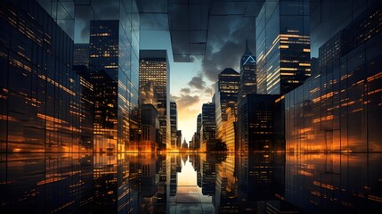 Wall Mural - Cityscape at night with reflection in water. Panoramic banner