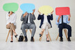 © Anela Ramba/peopleimages.com - Speech bubble, mockup and business people in waiting room for recruitment, offer or onboarding news. Hiring, information or employees at hr office with space sign, faq or job interview contract offer