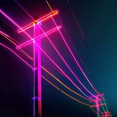 Wall Mural - Abstract Neon Lights Power Lines Night Background.