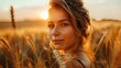 © Cherkasova Alie - A happy young beautiful woman in a dress, strolling through a golden barley field in the evening. A wheat field at sunset.
