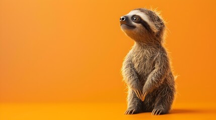 Close up Portrait of Captivating Sloth Sitting on Orange Background