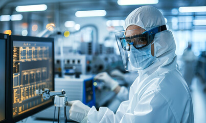 Poster - Scientist in Protective Gear Conducting Research on Computer in Modern Laboratory for Semiconductor and Pharmaceutical Manufacturing