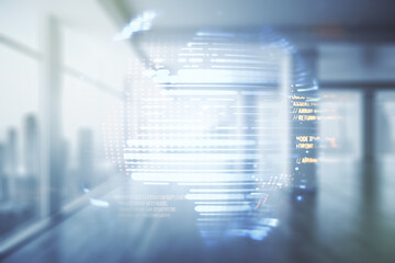 Aufkleber - Double exposure of abstract creative programming illustration and world map on empty room interior background, big data and blockchain concept