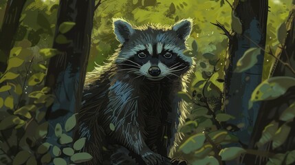 Wall Mural - A timid raccoon with small beady eyes can be spotted at the rear of the illustration
