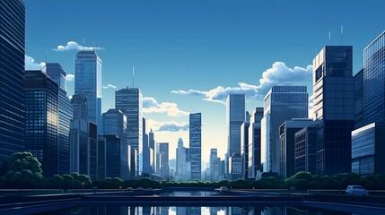 Wall Mural - Panoramic view of skyscrapers at sunset. Business concept.