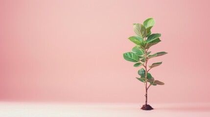 Wall Mural - young sapling tree with fresh green leaves pastel background