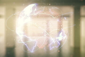 Aufkleber - Double exposure of abstract digital world map hologram with connections on empty room interior background, big data and blockchain concept