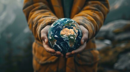 A person is holding a globe in their hands, surrounded by various keywords