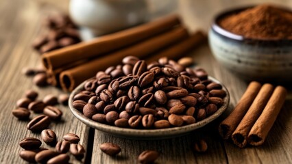 Canvas Print -  Warm spices and coffee beans perfect for a cozy afternoon