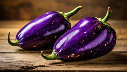 Canvas Print -  Vibrant purple eggplants on rustic wooden surface