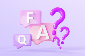 Poster - FAQ font letters on speech bubbles with question marks on purple background 3d render. Chat messages color icons, search answer online, dialog with support. Talk boxes with ask signs. 3D illustration