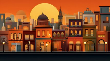 Wall Mural - Panorama of the old city at sunset. Vector illustration in flat style