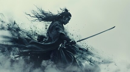 Wall Mural - Skilled Japanese Samurai in Powerful Mid-Strike with Katana Sword,Dark Clothing Billowing,Sumi-e Ink Wash Painting Style