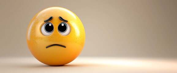 3D yellow emoji with a sad and wistful expression, set against a soft grey backdrop with copyspace for text on the right.