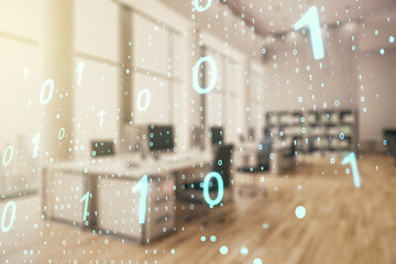 Poster - Abstract virtual binary code sketch on a modern furnished office interior background, hacking and matrix concept. Multiexposure