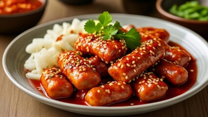 Wall Mural -  Deliciously spiced sausages in a rich sauce ready to be savored