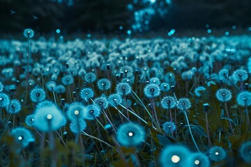 Wall Mural - A luminescent dandelion field, with seeds drifting in the wind