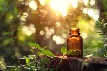 Sticker - A supplement bottle in a nature setting, warm tones, nature,