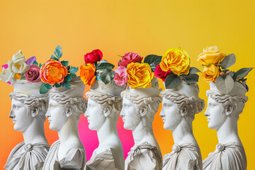 Wall Mural - Portrait of marble statues with flowers on head on yellow background side view.