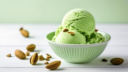 Canvas Print -  Freshly scooped mint ice cream with almonds ready to enjoy