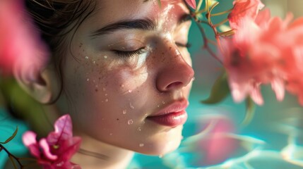 Sticker - Attractive young lady relaxing in a spa facility with close up of flowers