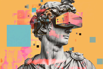 Male portrait of greek statue with virtual reality glasses on colorful background.