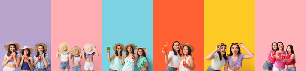 Wall Mural - Collection of happy young women on color background. Summer party