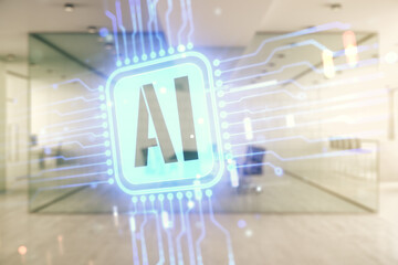 Poster - Creative artificial Intelligence symbol hologram on a modern furnished classroom background. Double exposure