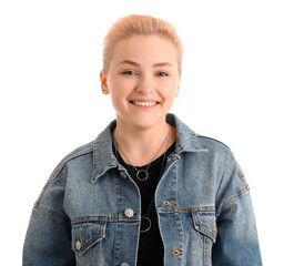 Poster - Young woman with short hair on white background, closeup