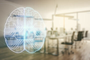 Aufkleber - Virtual creative artificial Intelligence hologram with human brain sketch on a modern furnished classroom background. Double exposure